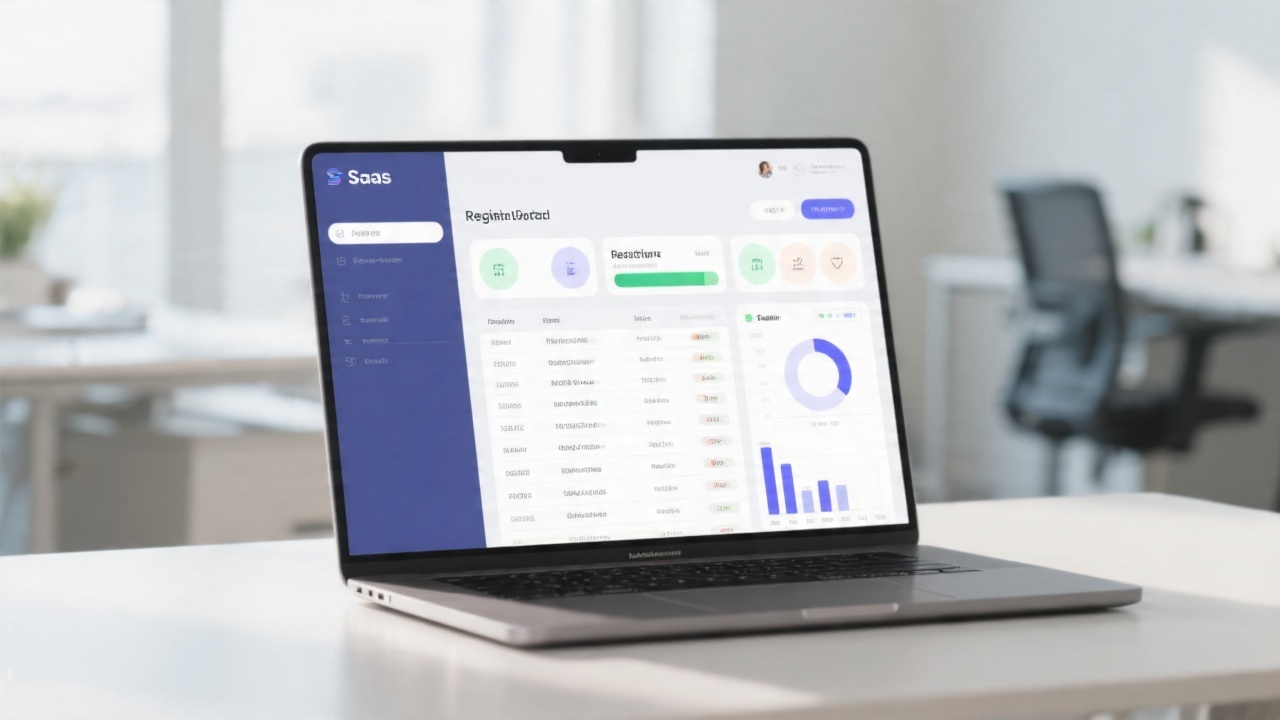 Modern SaaS dashboard on a laptop showing a registration list, progress bars and clean analytics cards in a bright office environment with soft daylight